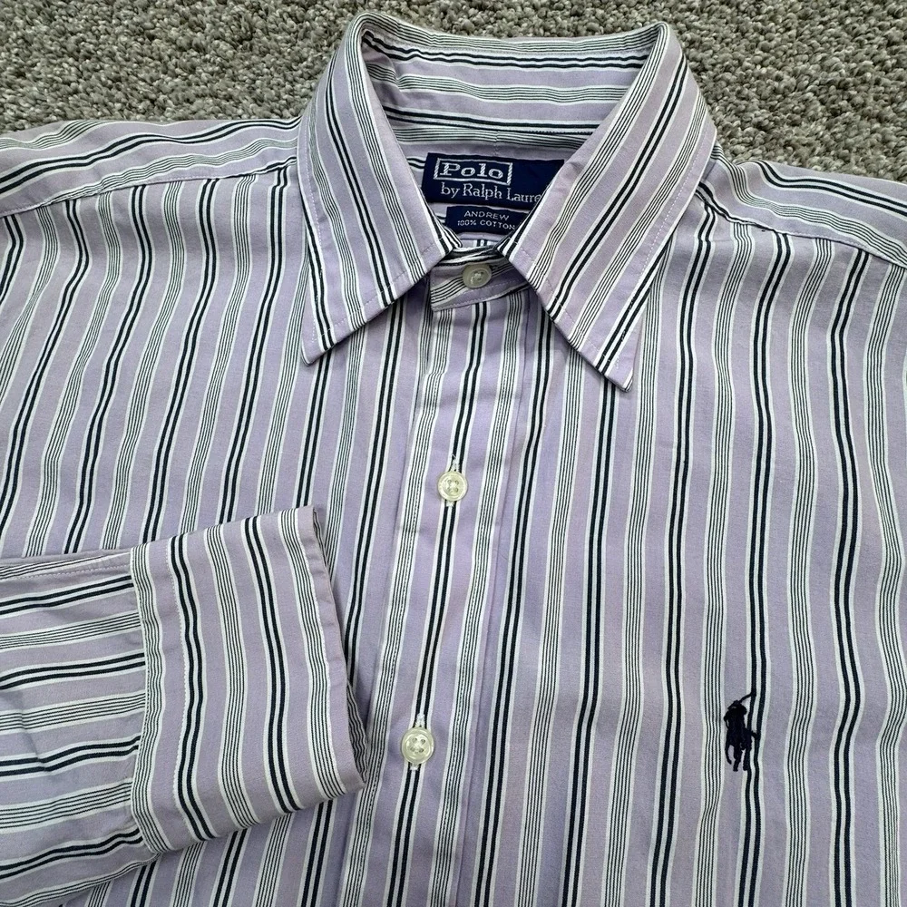 Polo Ralph Lauren Andrew‎ Men Dress Shirt Purple 15 32/33 Preppy Small Striped